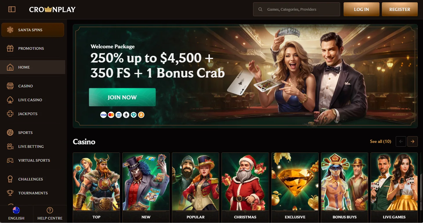 Crownplay frontpage with 250% welcome bonus for online pokies