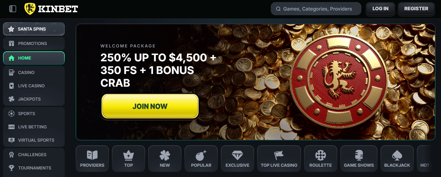 Kinbet frontpage with 250% welcome bonus available for online pokies