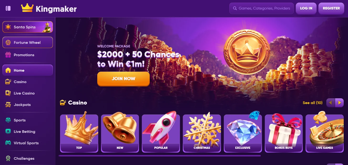 Kingmaker frontpage with $2000 bonus for AU online pokies