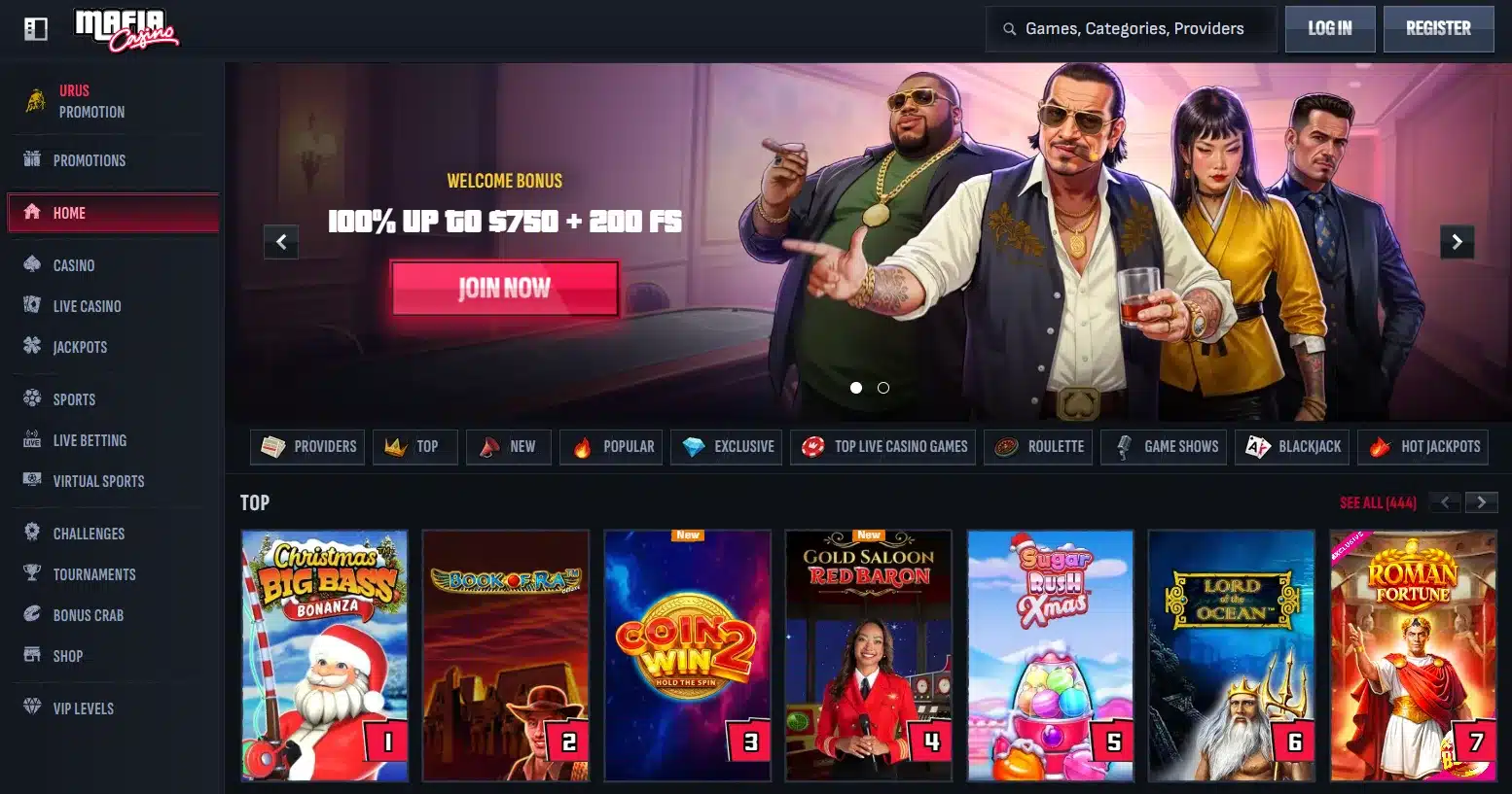 Mafia Casino frontpage with their top online pokies