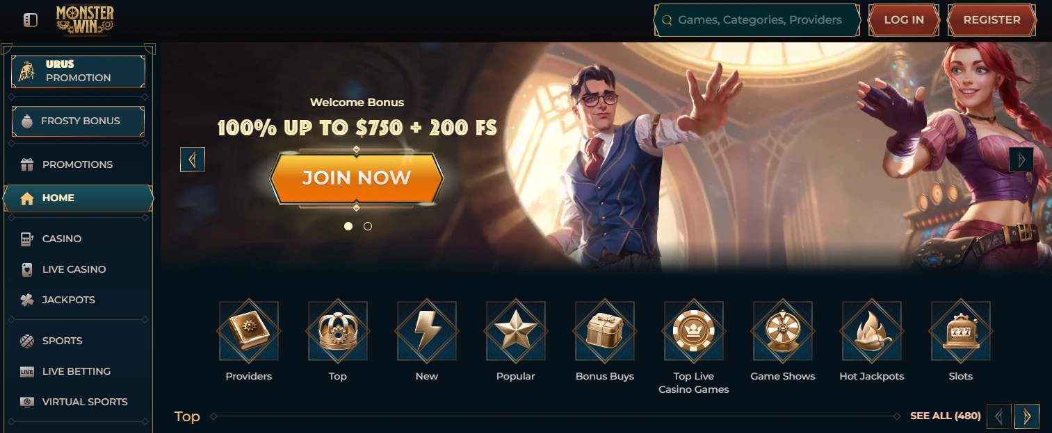 Monsterwin frontpage with banner displaying a 100% welcome bonus