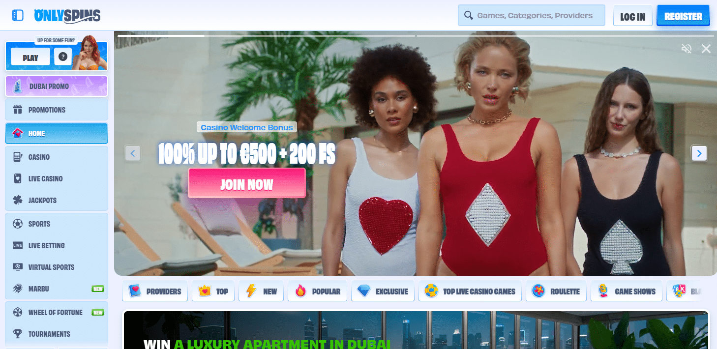 Onlyspins frontpage with 100% bonus available for online pokies